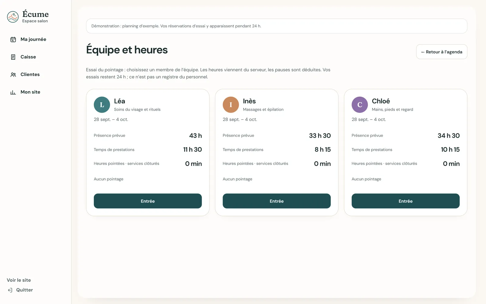 Sur ordinateur : L’équipe et ses heures