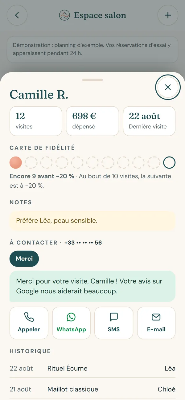 Sur téléphone : La fiche cliente